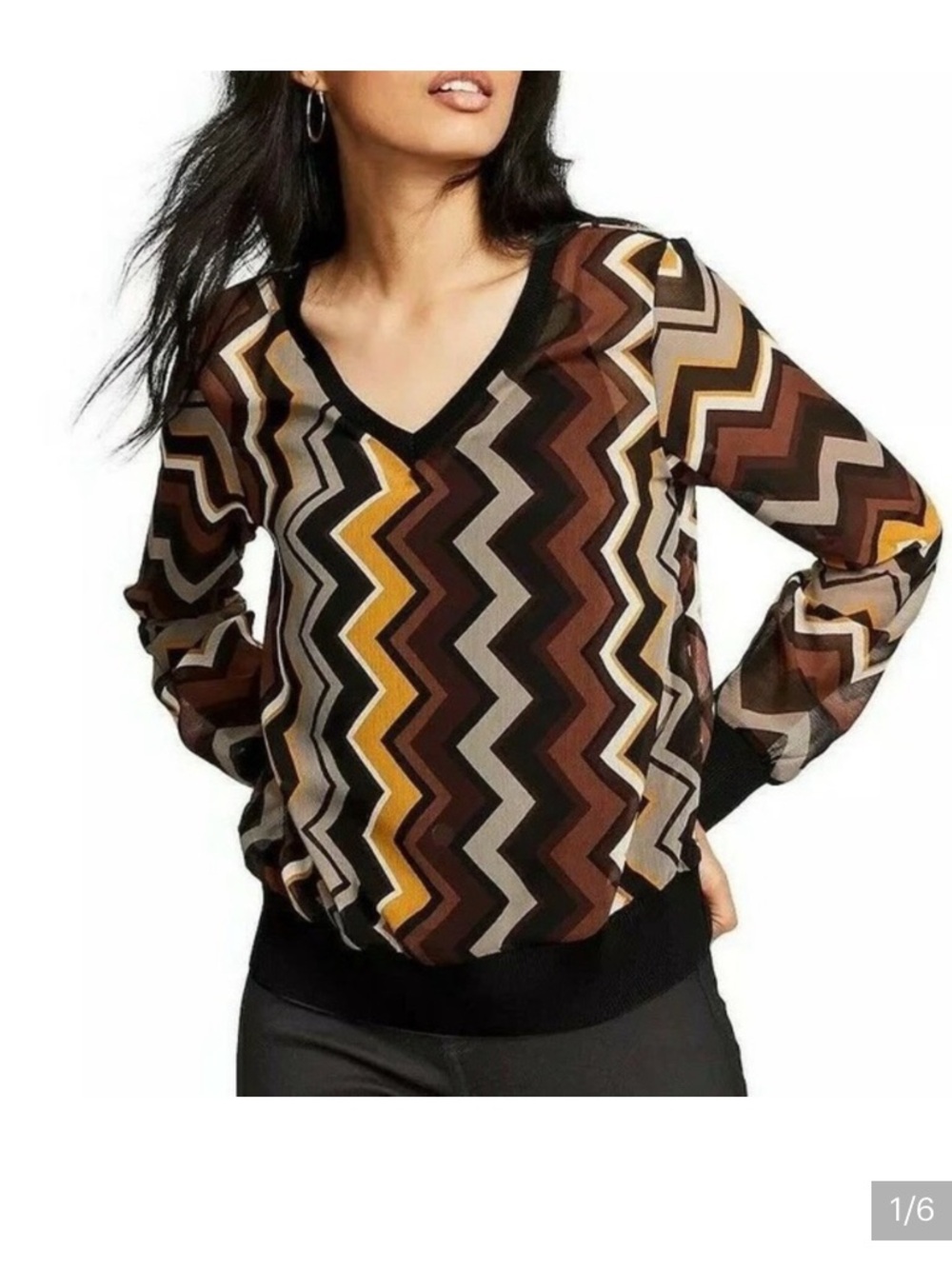 Missoni Womens Brown Chevron V-Neck Long Sleeve Top